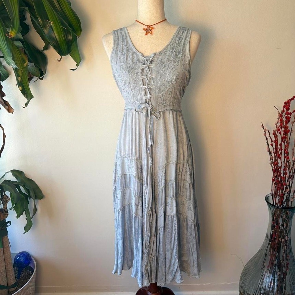 Scully Blue Lace Crochet Tiered Midi Dress Embroidery Corset Boho L
